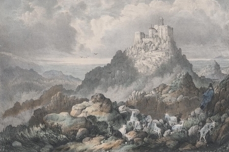 ציור של מנזר בהרים בתקופה קדומה